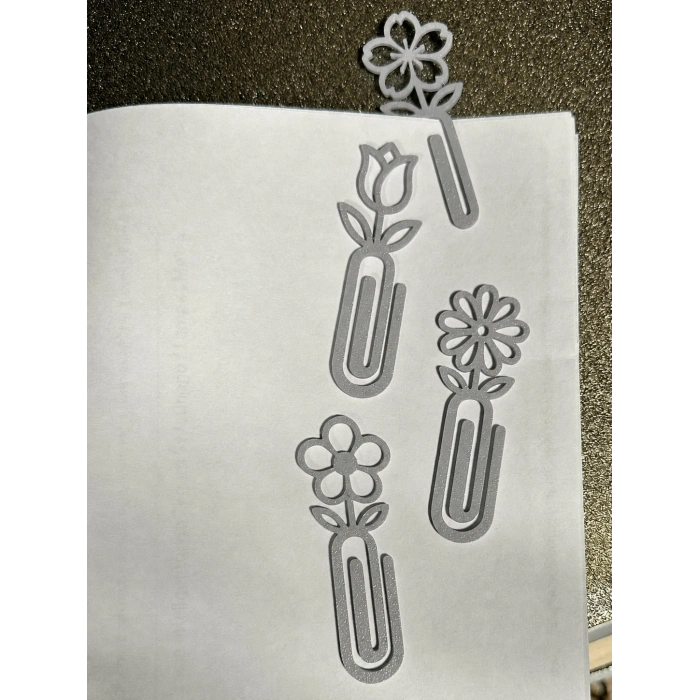 3D Baskı Çiçek Figürlü Ataç ve Kitap Ayracı - 8li Set - Gri