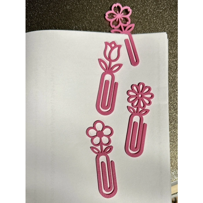 3D Baskı Çiçek Figürlü Ataç ve Kitap Ayracı - 8li Set - Pembe