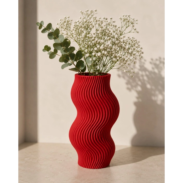 3D Baskı Dalgalı Dekoratif Vazo - Modern Masaüstü ve Ev Dekorasyon Objesi-Kırmızı