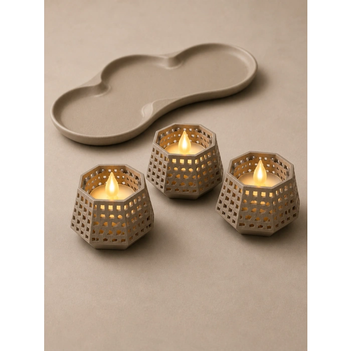 3D Baskı Dekoratif Mumluk Seti - Desenli Tealight ve Masaüstü Aydınlatma Objesi-Bej