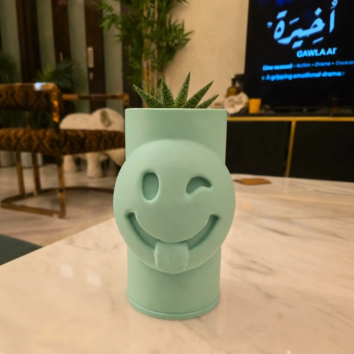 3D Baskı Emoji Planter - Göz Kırpan Yüzlü Sukulent Saksısı-Mint