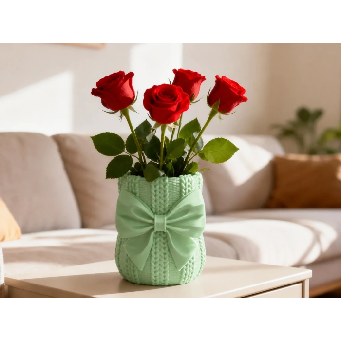 3D Baskı Fiyonklu Örgü Vazo - Dekoratif Çiçeklik-Mint