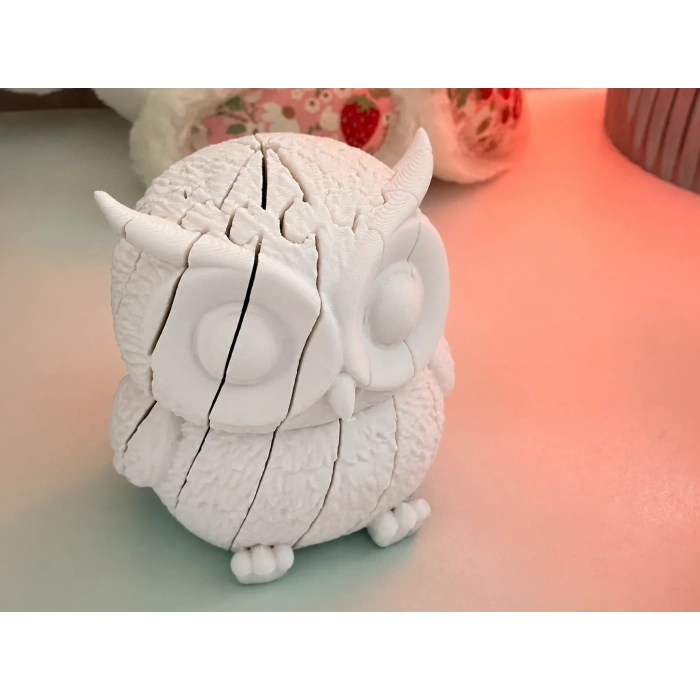 3D Baskı Hareketli Baykuş Figürü - Eklemli Flexi Oyuncak - Beyaz