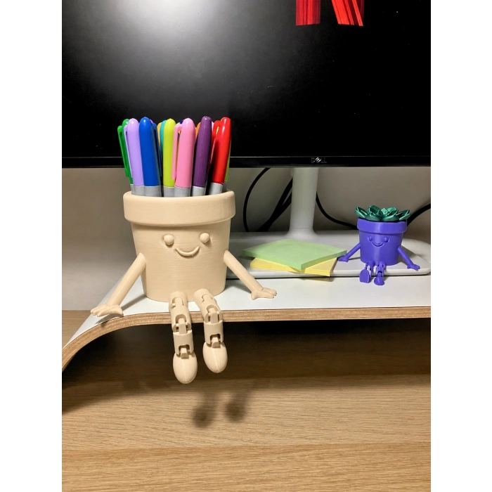 3D Baskı Hareketli Gülen Kalemlik - Eklemli Masaüstü Organizer - Bej