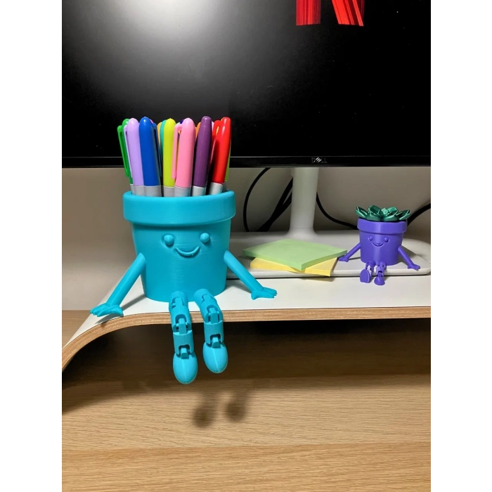 3D Baskı Hareketli Gülen Kalemlik - Eklemli Masaüstü Organizer - Mavi
