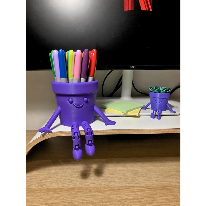 3D Baskı Hareketli Gülen Kalemlik - Eklemli Masaüstü Organizer - Mor
