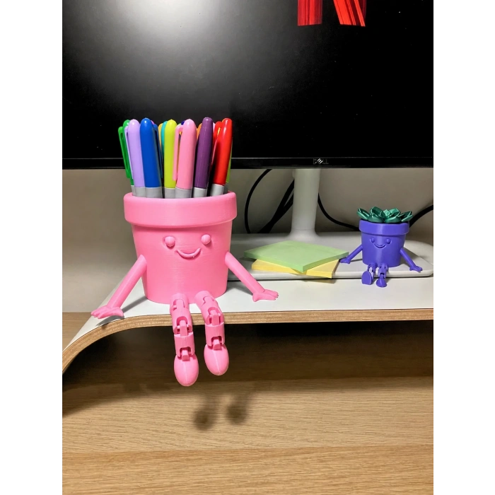 3D Baskı Hareketli Gülen Kalemlik - Eklemli Masaüstü Organizer - Pembe