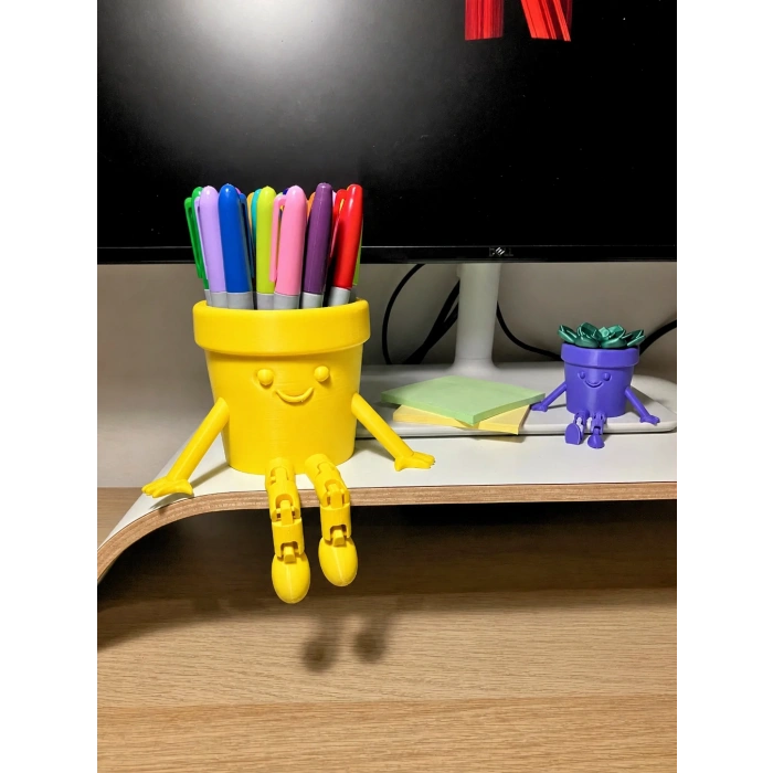 3D Baskı Hareketli Gülen Kalemlik - Eklemli Masaüstü Organizer - Sarı