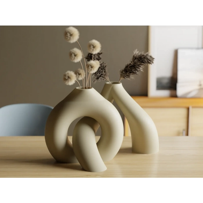 3D Baskı Interlocking Vazo - İç İçe Geçen Dekoratif Vazo-Bej