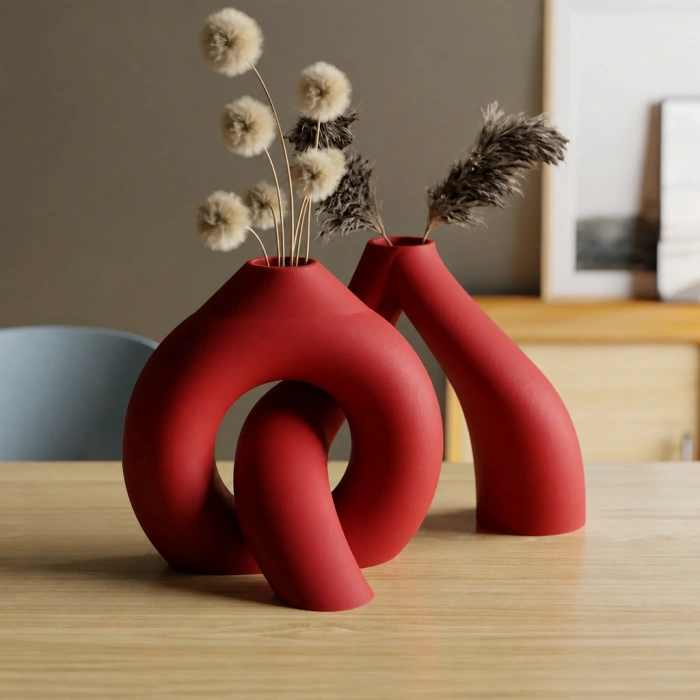3D Baskı Interlocking Vazo - İç İçe Geçen Dekoratif Vazo-Kırmızı