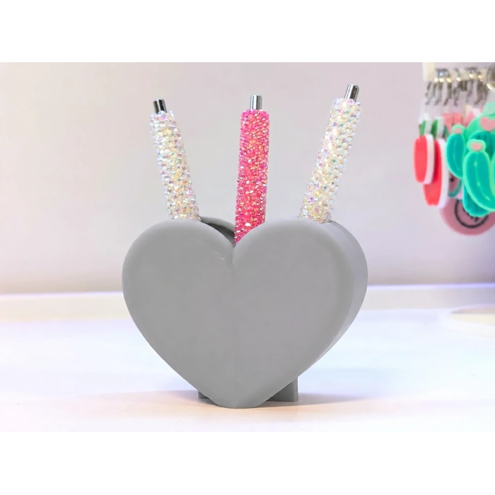 3D Baskı Kalp Şekilli Kalemlik - Masaüstü Organizer - Gri