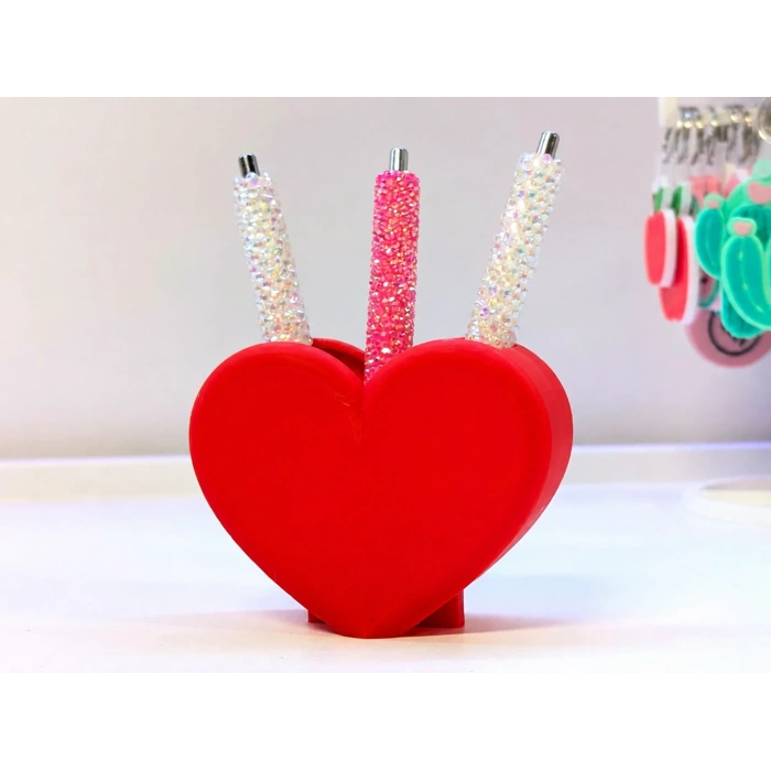 3D Baskı Kalp Şekilli Kalemlik - Masaüstü Organizer - Kırmızı