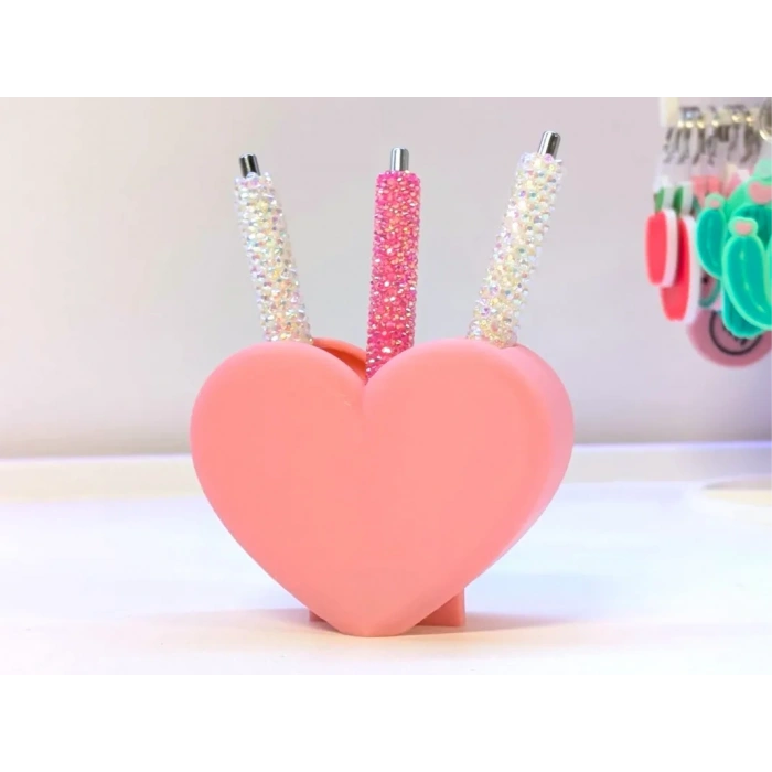 3D Baskı Kalp Şekilli Kalemlik - Masaüstü Organizer - Pembe