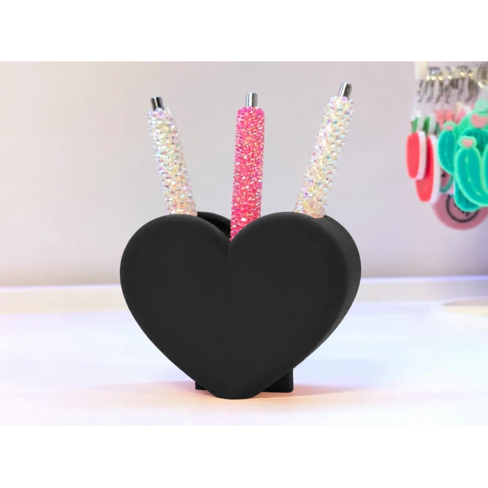 3D Baskı Kalp Şekilli Kalemlik - Masaüstü Organizer - Siyah
