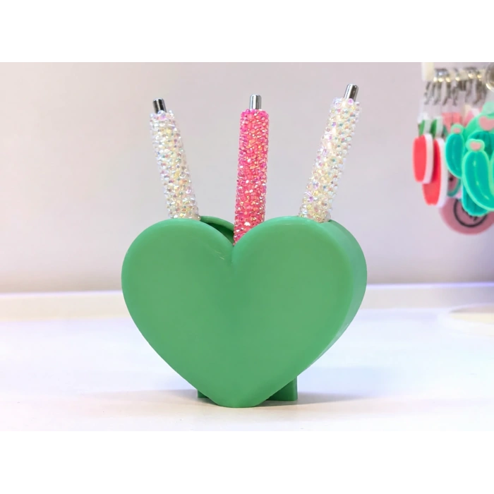 3D Baskı Kalp Şekilli Kalemlik - Masaüstü Organizer - Yeşil