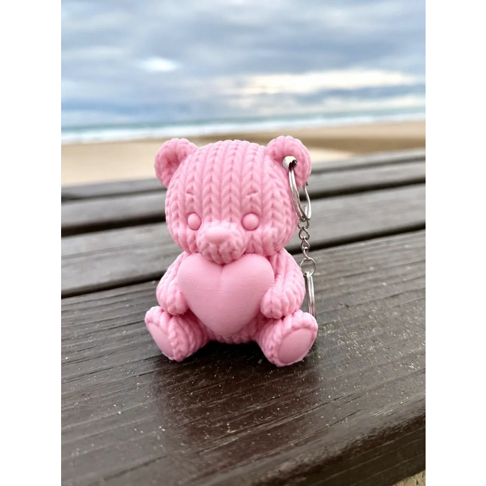 3D Baskı Kalpli Örgü Ayıcık Anahtarlık - Sevimli Çanta Süsü-Pembe