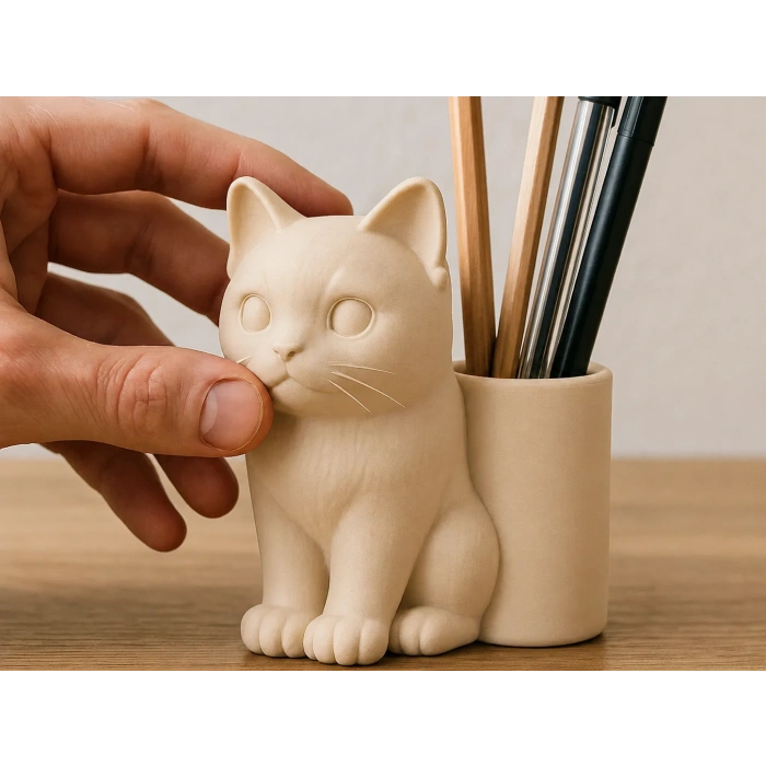 3D Baskı Kedi Figürlü Kalemlik - Masaüstü Organizer - Bej