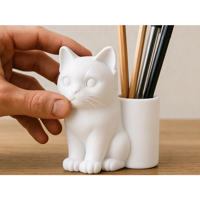 3D Baskı Kedi Figürlü Kalemlik - Masaüstü Organizer - Beyaz
