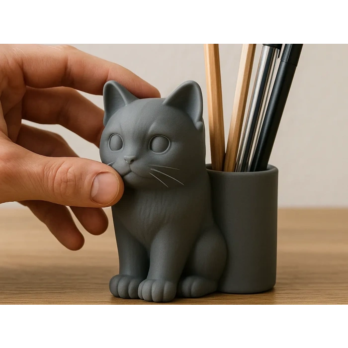 3D Baskı Kedi Figürlü Kalemlik - Masaüstü Organizer - Gri