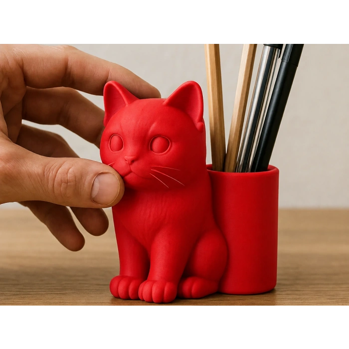 3D Baskı Kedi Figürlü Kalemlik - Masaüstü Organizer - Kırmızı