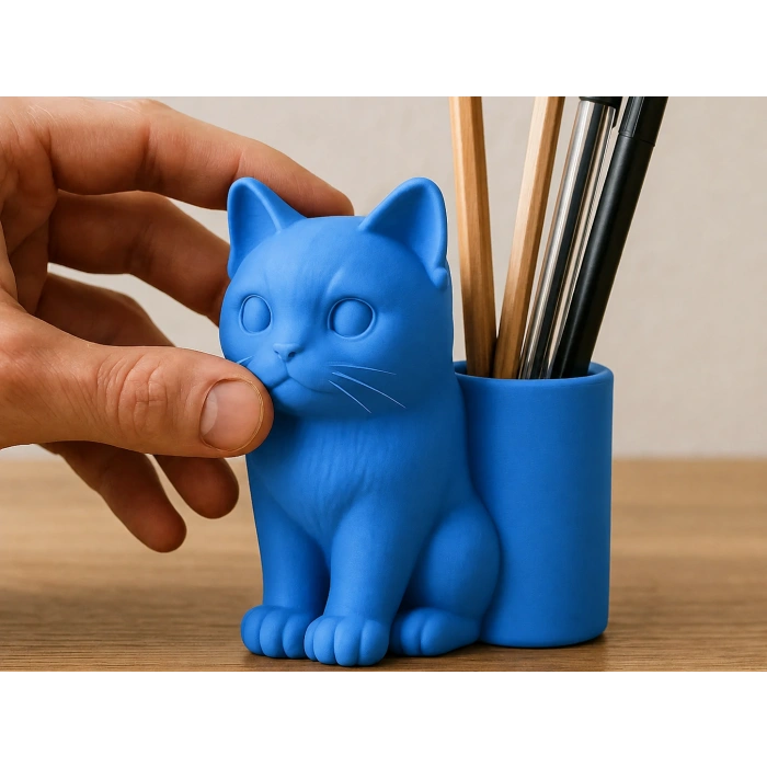 3D Baskı Kedi Figürlü Kalemlik - Masaüstü Organizer - Mavi