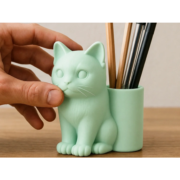 3D Baskı Kedi Figürlü Kalemlik - Masaüstü Organizer - Mint