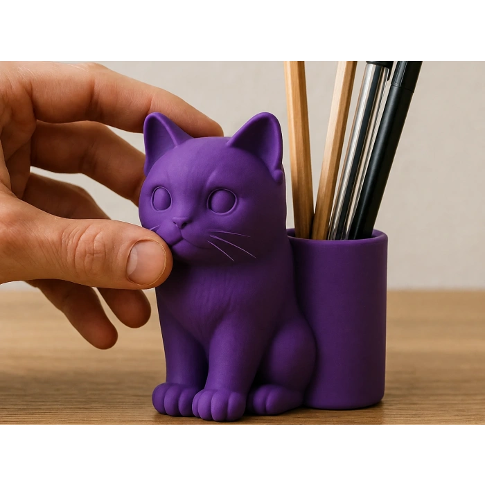 3D Baskı Kedi Figürlü Kalemlik - Masaüstü Organizer - Mor