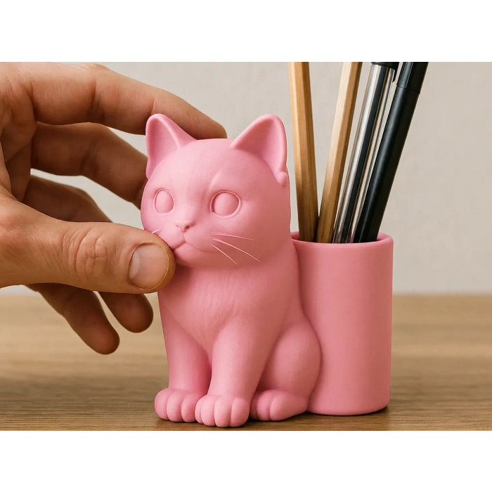 3D Baskı Kedi Figürlü Kalemlik - Masaüstü Organizer - Pembe