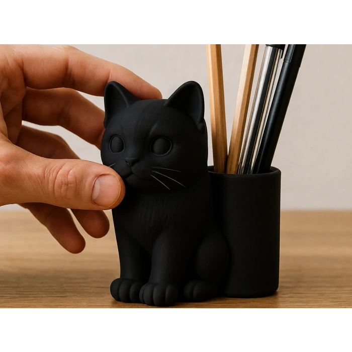 3D Baskı Kedi Figürlü Kalemlik - Masaüstü Organizer - Siyah
