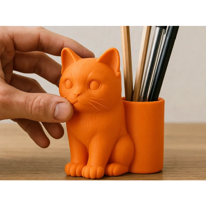 3D Baskı Kedi Figürlü Kalemlik - Masaüstü Organizer - Turuncu