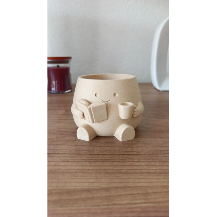 3D Baskı Kitap Okuyan Saksı - Kupa Tutan Sevimli Saksı-Bej