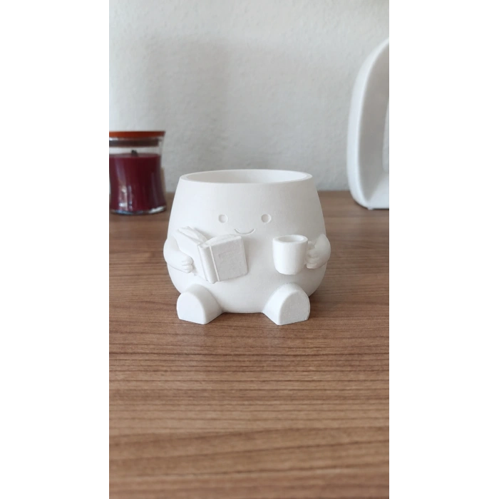 3D Baskı Kitap Okuyan Saksı - Kupa Tutan Sevimli Saksı-Beyaz
