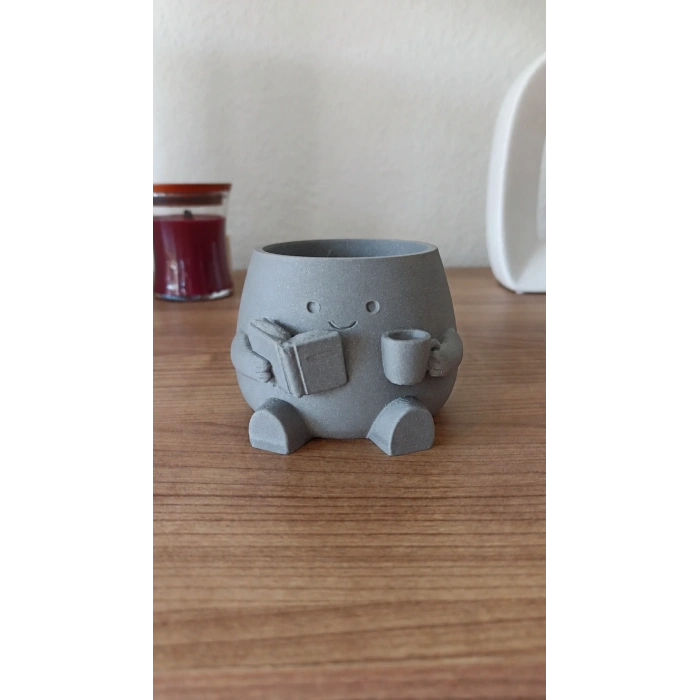 3D Baskı Kitap Okuyan Saksı - Kupa Tutan Sevimli Saksı-Gri