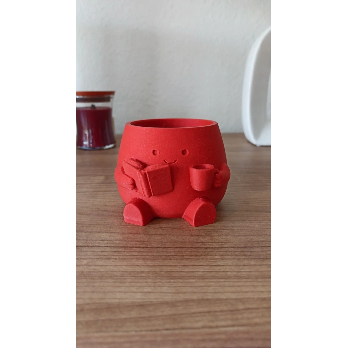 3D Baskı Kitap Okuyan Saksı - Kupa Tutan Sevimli Saksı-Kırmızı