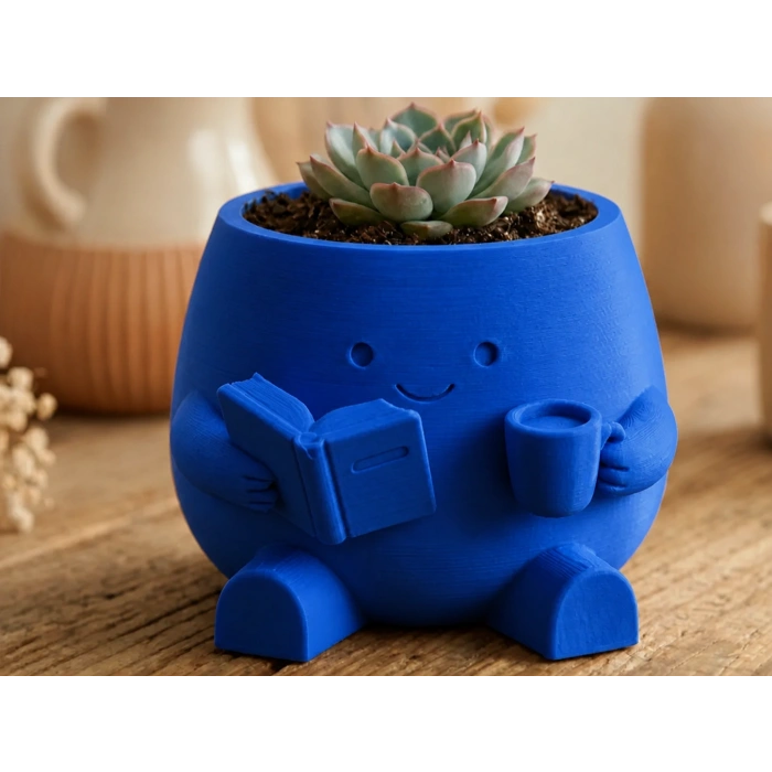 3D Baskı Kitap Okuyan Saksı - Kupa Tutan Sevimli Saksı-Mavi