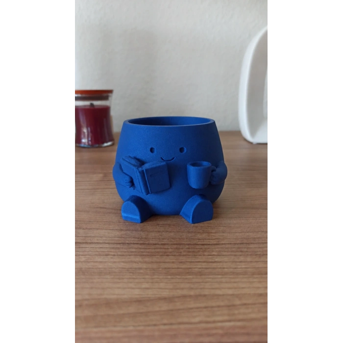 3D Baskı Kitap Okuyan Saksı - Kupa Tutan Sevimli Saksı-Mavi