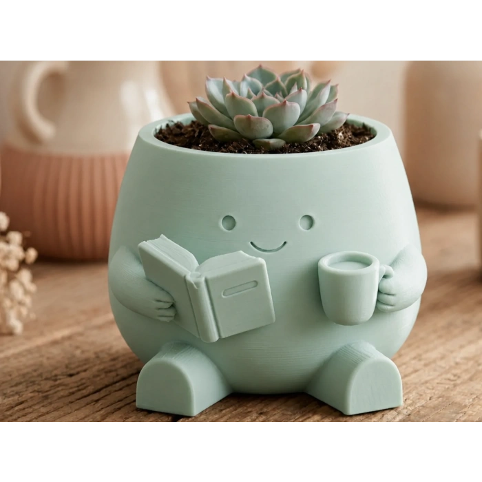 3D Baskı Kitap Okuyan Saksı - Kupa Tutan Sevimli Saksı-Mint