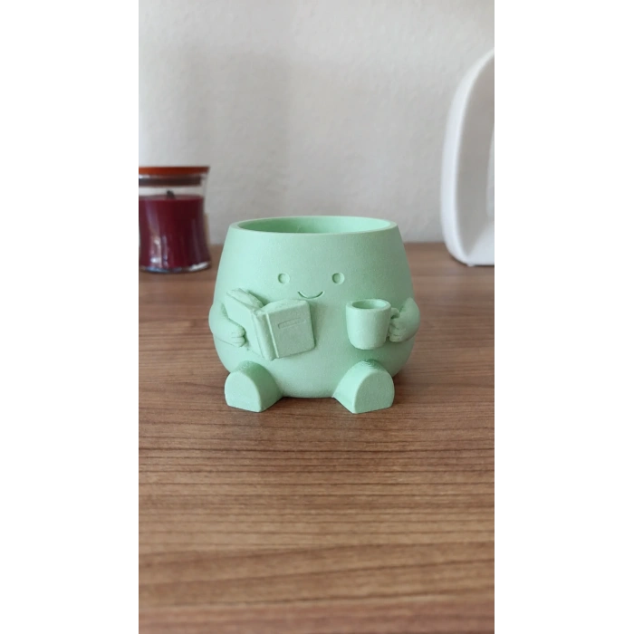 3D Baskı Kitap Okuyan Saksı - Kupa Tutan Sevimli Saksı-Mint