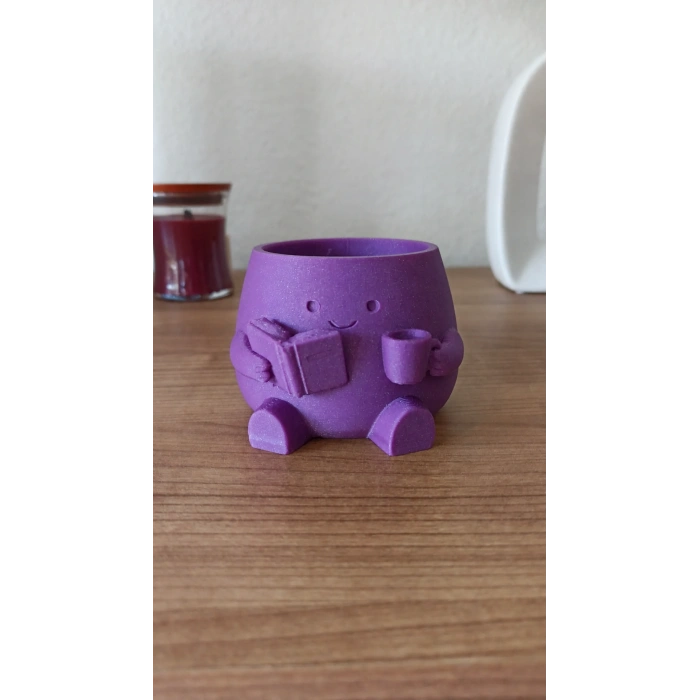 3D Baskı Kitap Okuyan Saksı - Kupa Tutan Sevimli Saksı-Mor
