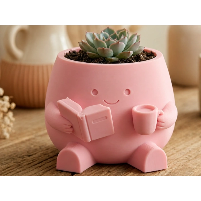 3D Baskı Kitap Okuyan Saksı - Kupa Tutan Sevimli Saksı-Pembe