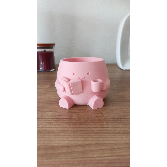 3D Baskı Kitap Okuyan Saksı - Kupa Tutan Sevimli Saksı-Pembe