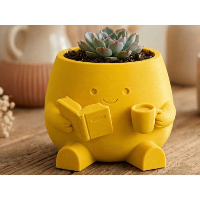 3D Baskı Kitap Okuyan Saksı - Kupa Tutan Sevimli Saksı-Sarı