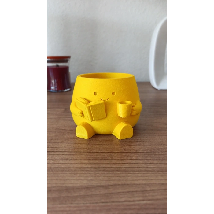 3D Baskı Kitap Okuyan Saksı - Kupa Tutan Sevimli Saksı-Sarı