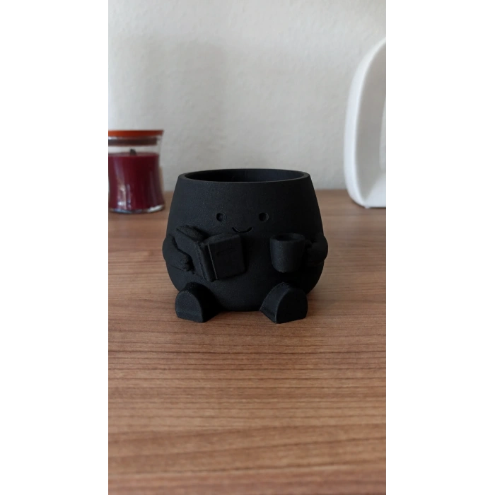 3D Baskı Kitap Okuyan Saksı - Kupa Tutan Sevimli Saksı-Siyah