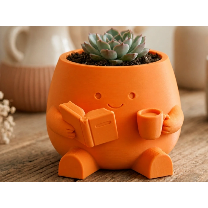 3D Baskı Kitap Okuyan Saksı - Kupa Tutan Sevimli Saksı-Turuncu