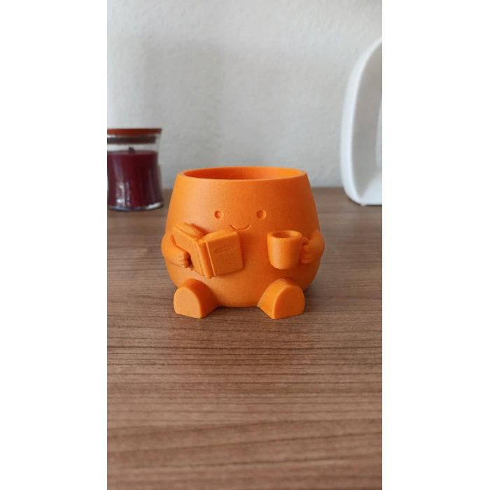 3D Baskı Kitap Okuyan Saksı - Kupa Tutan Sevimli Saksı-Turuncu