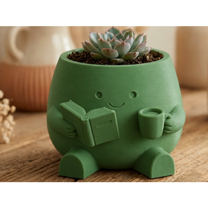3D Baskı Kitap Okuyan Saksı - Kupa Tutan Sevimli Saksı-Yeşil
