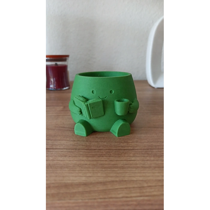 3D Baskı Kitap Okuyan Saksı - Kupa Tutan Sevimli Saksı-Yeşil