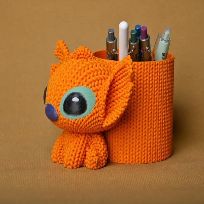 3D Baskı Knitted Kalemlik - Sevimli Karakterli Masaüstü Kalem Organizeri-Turuncu