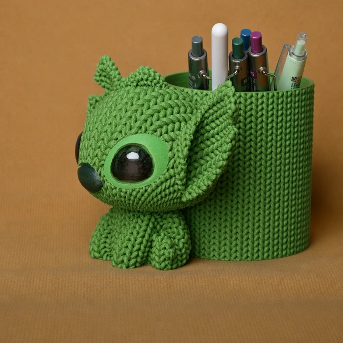 3D Baskı Knitted Kalemlik - Sevimli Karakterli Masaüstü Kalem Organizeri-Yeşil
